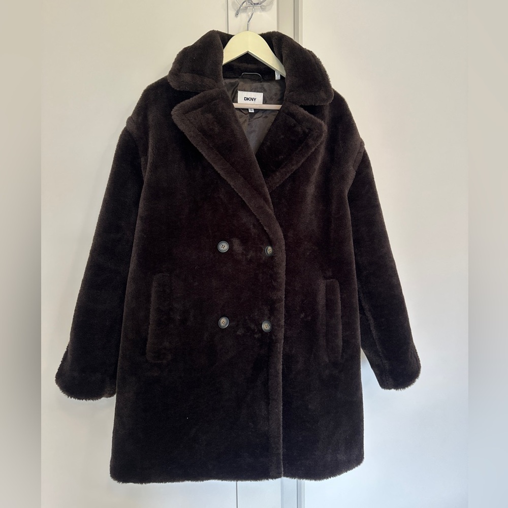 DKNY Dark Brown Teddy Faux-Fur Double-Breasted Coat